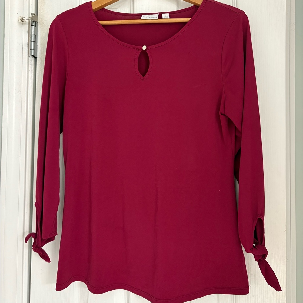 Kim Rogers Deep Red Blouse with Keyhole and Tie Sleeves